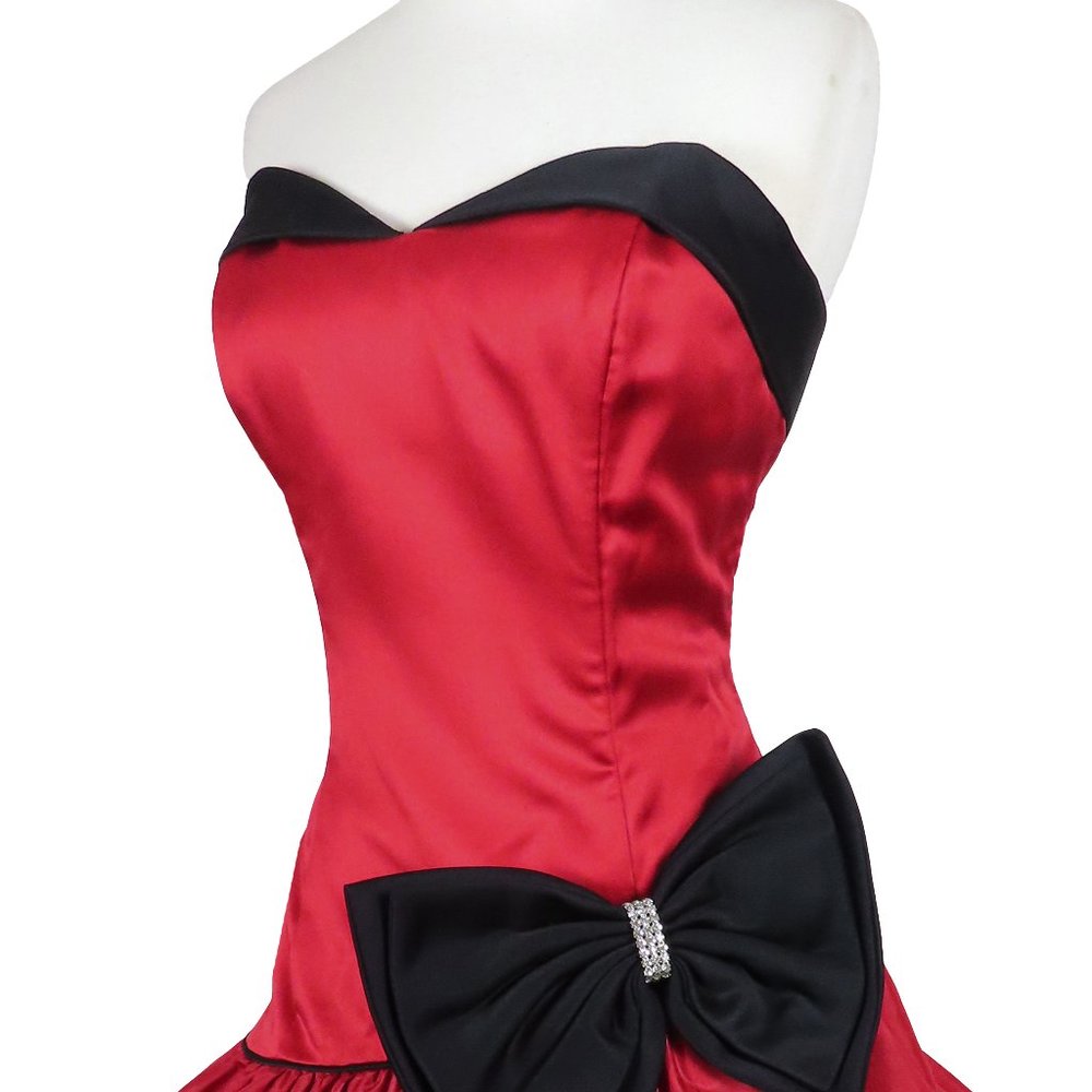 Vintage 80s 90s Red Black Strapless Big Bow Hi Lo Full Skirt Prom Party Dress M